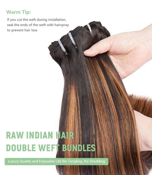 mlip Raw Bundles Human Hair Straight, No Tangle Shedding, Keep Texture Silky Soft After Multiple Washes, 15A Raw Indian Hair Bundles 10 Inches, Brown Highlight Bundles