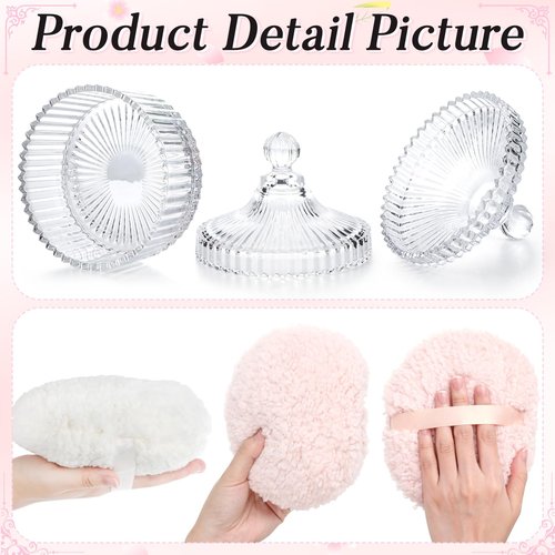 XIEJ 4 Pcs 6 In Extra Large Body Powder Puff and Container,Glass Candy Dish with Lid, Suitable for Both Dry and Wet Use, Reusable
