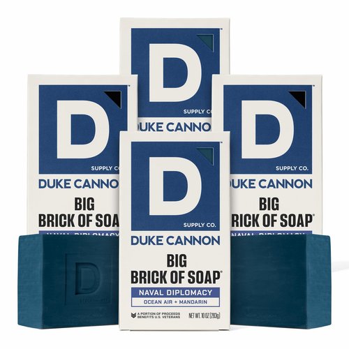 Duke Cannon Naval Diplomacy Big Brick Soap Bar 10 oz - Ocean Air + Mandarin Scent, Triple Milled Long-Lasting Natural Soap, Large Men’s Bar, Supports U.S. Veterans, 4 Pack