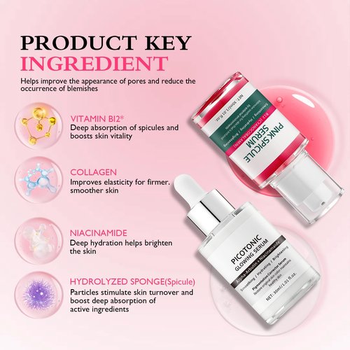 Cyano Pink Spicule Serum + Picotonic Shot Ampoule Duo, With Alpha Arbutin, Niacinamide and Calcium, Shrinks Pores, Fades Blemish and Fine Lines