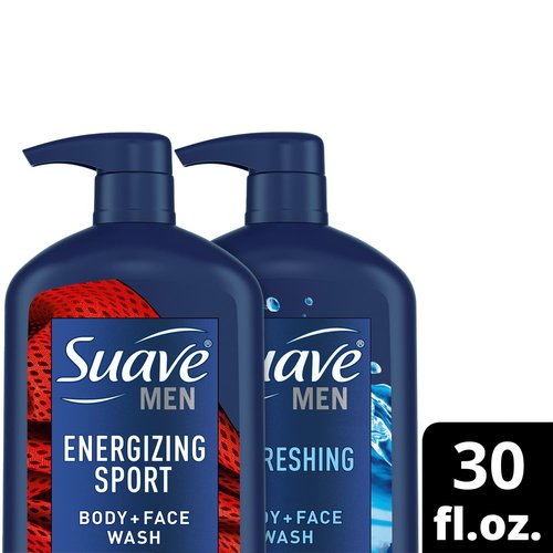 Suave Men Body + Face Wash Bundle – Energizing Sport (Beragmot & Wood) 2-Pack + Refreshing (Cedarwood & Mandarin), 30 Oz Ea