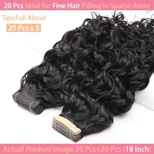 ShowJarlly Tape in Hair Extensions Human Hair 20 Pcs Curl Extensions for Women Real Hair Black Tape in Extensions Jerry Curly Tape Ins Human Hair Natural Black 16 Inch (40g)