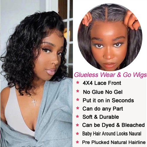 Potoki Short Bob Wig Human Hair 4x4 Glueless Wigs Human Hair Pre Plucked Pre Cut Deep Wave HD Lace Closure Human Hair Wigs For Black Women Curly Wig (12 Inch)