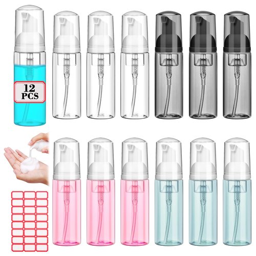 12 Pcs 2 oz Plastic Foam Pump Bottle Refillable 60ml Travel Mousse Foaming Soap Dispenser Mini Eyelash Cleaning Foam Bottle Dispenser for Face Wash Lash Shampoo Skin Care