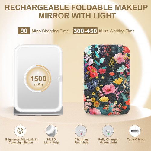 Mocado Travel Makeup Mirror with Lights, 360 Rotation, 10x Magnification, 3 Color Lightings, Dimmable Touch Screen, Tabletop Light up Mirror