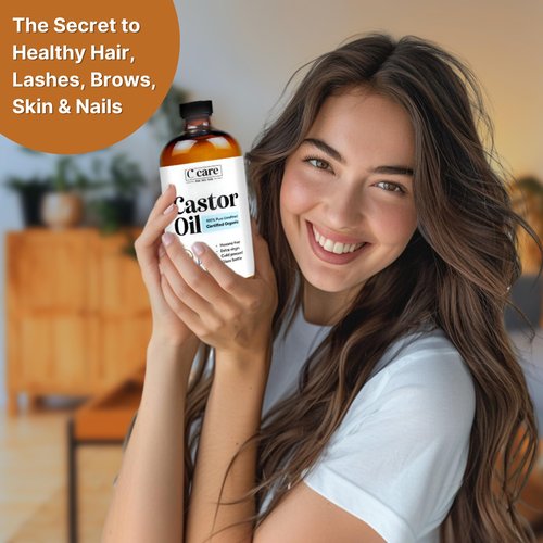 C CARE Castor Oil 100% Pure Organic Cold Pressed Unrefined Glass Bottle | USDA Certified Organic | Hexane Free Extra Virgin | For Hair Growth Eyebrows Eyelashes Skin and Castor Oil Pack Wrap