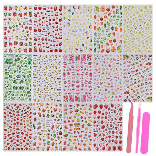 Fruits Nail Stickers Decals Kit - 14 pcs Summer Nail Art with Tweezers Decals Strawberry Lemon Designs Nail Supplies Cute Fun Self-Adhesive Sliders for Women Girls 3D Manicure Decoration