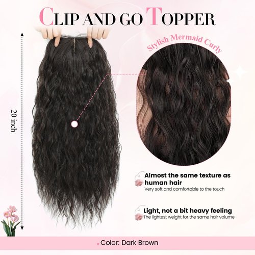 PANEWAY Curly Hair Toppers For Women with Thinning Hair Synthetic 6.5’’x6.5’’ Ladies Wiglets Full Coverage Topper Perfect for Daily, Holiday, Style (20",Dark Brown)