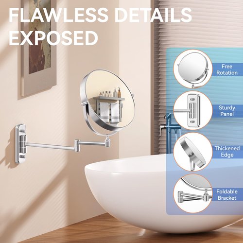 Auxmir 1X/20X Wall Mounted Makeup Mirror, 8'' 20X Magnifying Double-Sided Mirror with Tweezers, Bathroom Vanity Makeup Mirror, Cosmetic Mirror with 360 Rotation Extendable Swivel Arm, Chrome