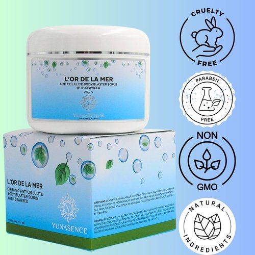 YUNASENCE L'OR DE LA MER Organic Anti Cellulite Body Blaster Scrub with Sea Salt, Seaweed, Lemongrass 13oz Smoothing Exfoliating Moisturizing Skin Massage Treatment.