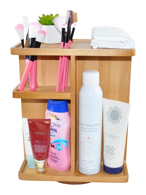 Spiretro Rotating Cosmetic Modular Organizer, Multi-Function Storage, 360 degree Carousel for Makeup, Toiletries, Vanity, Desk, Countertop, Bedroom, Closet, Solid Natural Wood with Acacia Brown