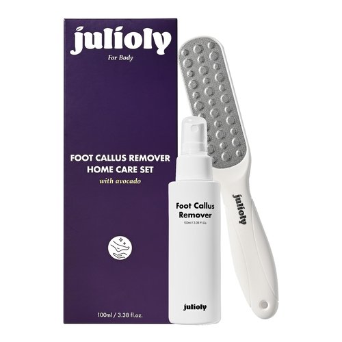 Julioly Foot Callus Remover Home Care Set – Professional Stainless Foot File & Scrubber, Exfoliating Serum for Smooth Skin, Effective on Wet and Dry Feet