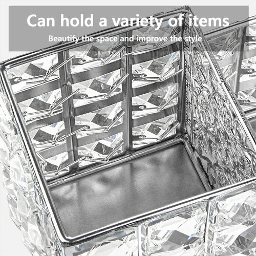 LUEXBOX Crystal Makeup Brush Holder, One-Piece Square Brush Organizer, Cosmetics Brush Storage Container for Table, Dresser, Bathroom, Bedroom Organization (Silver)