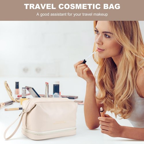 DOJUNS Cosmetic Travel Bag, Double Layer Large Makeup Organizer Leather Waterproof Toiletry Bag for Women Girls (White)
