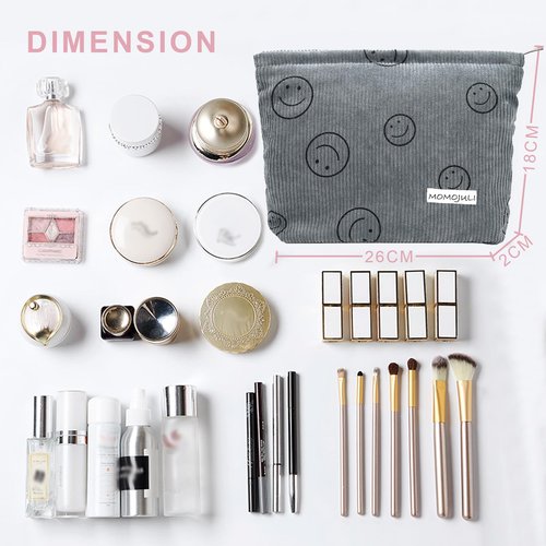 MOMOJULI Corduroy Makeup Bag Cosmestic Bag Large Capacity Ladies Women Aesthetic Make Up Organizer Accessories Zipper Pouch Purse Grey
