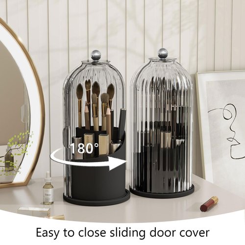 Emljkvp Makeup Brush Holder with Dustproof Cover 360 Rotating Makeup Brush Organizer for Vanity Bathroom, White/Black