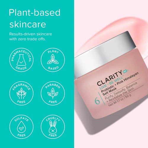 ClarityRx Live + Be Well Probiotic + Pink Himalayan Salt Face Mask, Natural Plant-Based Moisturizing Facial Treatment for All Skin Types, Reduces Redness, Acne & Signs of Aging (1.7 oz)