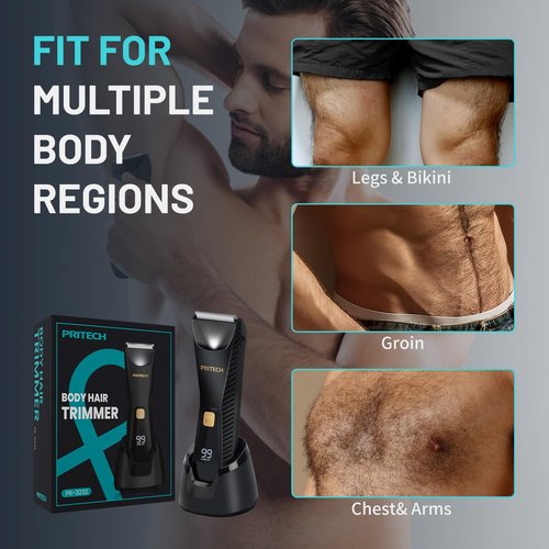 PRITECH Body Hair Trimmer for Men - Waterproof Pubic Hair Ball Trimmer, Ceramic Blade Body Shavers for Men with USB-C Charging, Wet & Dry Use & Nick-Free Design, Sensitive Skin Safe (Black)