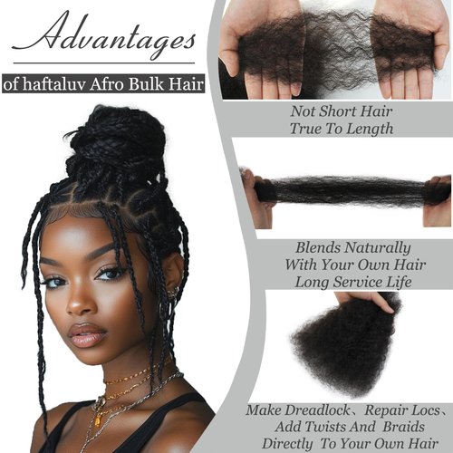 Haftaluv Afro Kinkys Bulk Human Hair 14 Inch 100g Nature Black Afro Kinky Curly Human Hair Bulk for Dreadlock Extensions, Micro Locs, Braiding Twists, Braids and Repair Locs(14 Inch, 1b#)