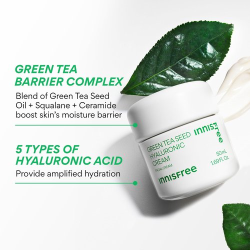 innisfree Jumbo Green Tea Seed Hyaluronic Acid Cream With Barrier Boosting Complex and Ceramide, Korean Hydrating Face Moisturizer for Dry Skin