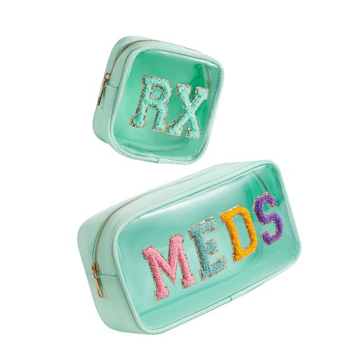 RSRSLEII 2Pcs Large Chenille Letter Clear Medicine Makeup Bag Set,Nylon PVC Waterproof Rx Meds Pouch with Metal Zipper, Cute Drug First Aid Travel Organizer for Women Girls(2pcs Mint)