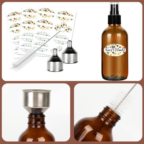 CycleMore 120ml 16Pcs 4oz Amber Glass Spray Bottles with Fine Mist Sprayers, Glass Travel Bottles for Cosmetic Essential Oils Cleaning Solutions Perfumes & More Liquids Ideal for Mother & Friends