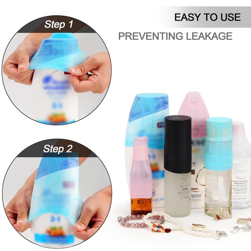Travel Hanging Toiletry Bag for Women, Large Makeup Bag 8 Leak Proofing Silicone Bottle Covers, Waterproof Cosmetic Bag with Jewelry Organizer Compartment, Toiletries Kit Set, Blue
