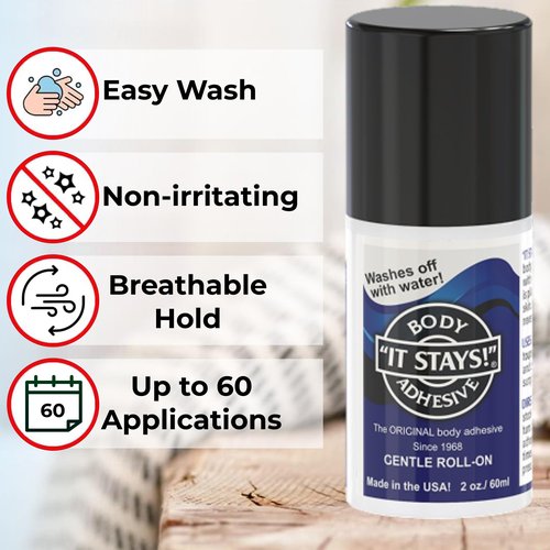 ABSOLUTE SUPPORT It Stays! Roll-On Body Fixative Glue 2 oz Adhesive - Made in USA - 3 Bottle Value Pack