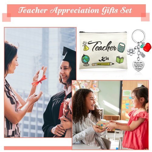 12 PCS Teacher Appreciation Gift Set 6 Teacher Kit Makeup Cosmetic Bags and 6 Teacher Keychains Valentines Graduation Gifts for Teacher (Classic Style)