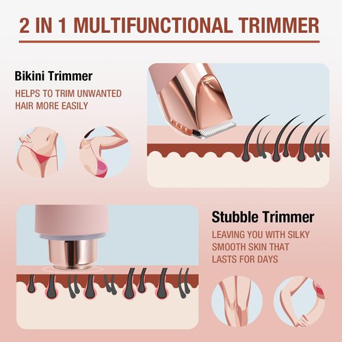 SUPRENT Bikini Trimmer Women- Painless Ladies Hair Removal Waterproof Wet & Dry- 2 in 1 Lady Shaver for Pubic Hair & Facial Hair- Cordless Electric Razors with USB-C Rechargeable-Pink