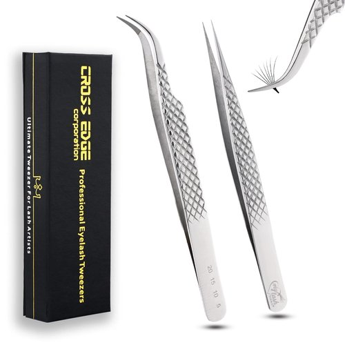 My Lash Tools - New Fiber Tip Lash Tweezers for Eyelash Extensions Tweezers SET OF 2 Mini Isolation & Microgrip Tip Curved Volume Tweezers Japanese Steel Lashing Tweezer (Silver)