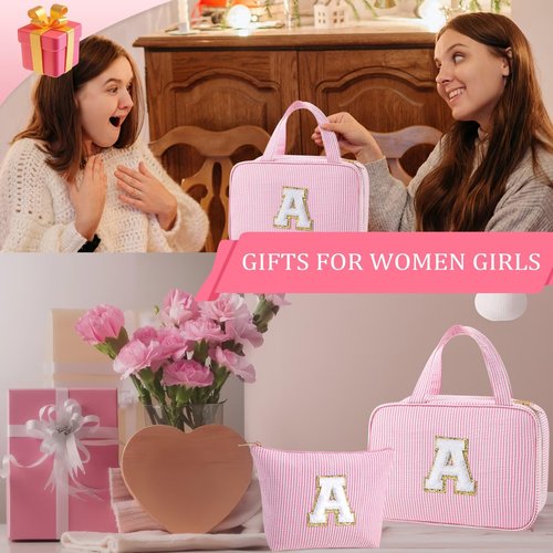 YOOLIFE Hanging Toiletry Bag for Women - Travel Toiletry Bag Makeup Bag, Portable Toiletries Cosmetic Bag, Airplane Travel Essentials - Letter T, Pink