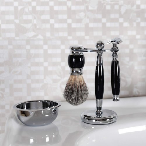 SANWA Deluxe Stainless Steel Shaving Brush Stand Holder for Razor & Brush - Extra Wide Openings, Weighted Base Black Handle