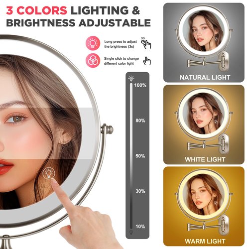 VORREMIRR 20X Magnifying Mirror with Light: 8.5 Inch Lighted Makeup Mirror, Wall Mount, 360 Rotation, Touch Screen, Rechargeable, Brushed Nickel