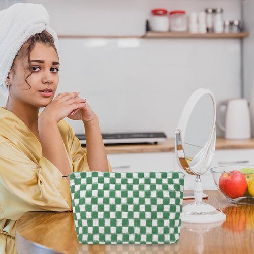 Makeup Bags Checkered Cosmetic Bag- 2PCS Travel Toiletry Bag Aesthetic Portable Accessories Pouch Preppy Pencil Checkered Pencil Pouch Case Cute Brushes Storage Bag for Women -Green