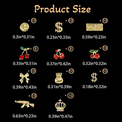 Pizadix 106 Pcs Gold Nail Charms with Dollars Sign, Coins, Cherries, Crowns, Guns and Bows for Nail Art Decoration Jewelry