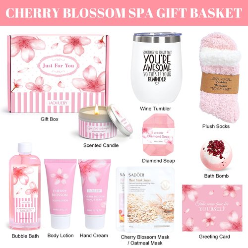 Bath Gift Set For Women, 12PCS Bath Sets For Women Gift, Birthday Valentine's Day Gifts Self Care Package for Her Mom Friend Sister Wife, Cherry Blossoms Relaxing Spa Gift Basket