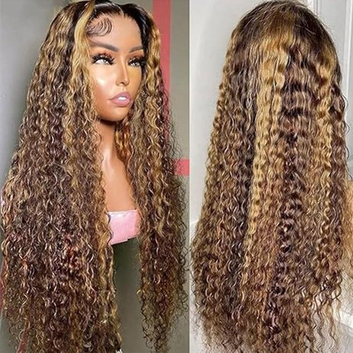 Highlight Wig 16 Inch P4/27 Deep Wave Human Hair Wig Blonde 200% Density Lace Front Wigs 4x4 Lace Closure Wigs Glueless with Baby Hair Human Hair Pre Plucked For Black Women