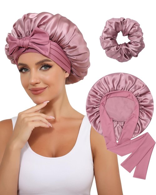 100% Mulberry Silk Bonnet for Women Hair Bonnet for Sleeping with Hair Scrunchy Elastic Tie Band Night Cap(Bean Paste)