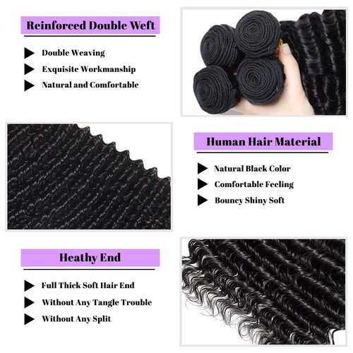 Deep Wave Human Hair Bundles 16 Inch Deep Wave Bundles 100% Unprocessed Brazilian Virgin Hair 1 Bundle Curly Bundles Hair Extensions Real Human Hair Wavy Quick Weave Bundle Natural Black