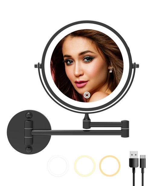 WZRUA 8 Inch Lighted Makeup Mirror Rechargeable Wall Mounted,Double-Sided 1X/10X Magnification,Dimmable 360° Swivel Extendable Bathroom Mirror Matte Black