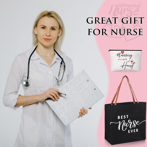 Queekay 2 Pcs Emergency Nurses Week Gifts Tote Bag Canvas Shoulder Makeup Cosmetic Bag Canvas Zipper Pouches for Vet Tech Medical Assistant