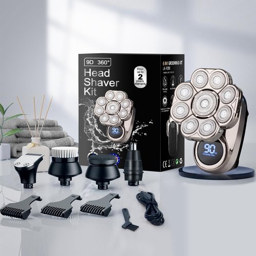 9D Electric Head Shavers for Bald Men, Upgraded 5-in-1 Waterproof Wet/Dry Grooming Kit Electric Shaver for Men, Cordless Rechargeable Bald Head Razor for Home&Travel