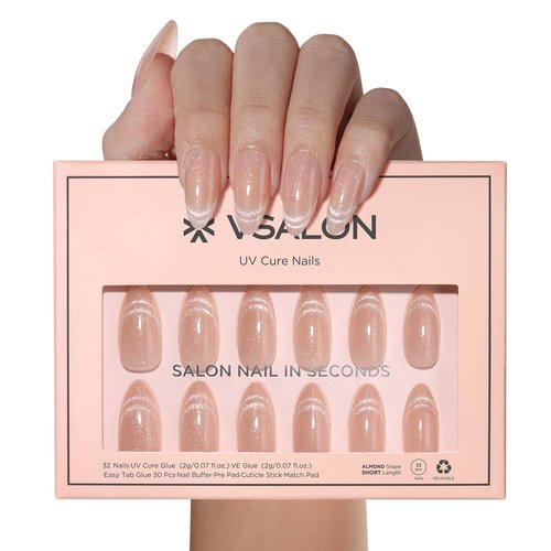 VSALON Press On Nails Almond, 32 Pcs 16 Sizes Cat Eye Press On Nude Neutral Sparkly Semi-Transparent Medium Fake Nails With UV Glue On Nails Kit, Reusable Stick On Nails Fall Wedding Gifts For Women