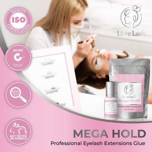 Mega Hold Strong Glue Liore Lash/Retention - 8 Weeks/ 1 Sec Fast Dry/Black Adhesive for Eyelash Extensions/Professional Supplies for Classic/Volume Lashes (Mega Hold Liore Lash)