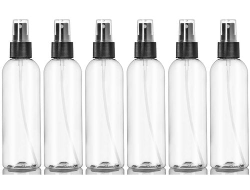 ljdeals 8 oz Clear Plastic Spray Bottles, Black Fine Mist Sprayer, Refillable Empty Bottles for Essential oils, Perfumes, Travel. Pack of 6, Made in USA