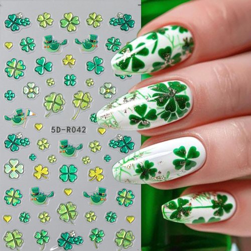 St. Patrick's Nail Stickers,5D Embossed Green Shamrock Nail Decals Self Adhesive Four-Leaf Clover Nail Design St. Patrick's Supplies Lucky of Irish Spring Manicure Decorations for Women 2PCS