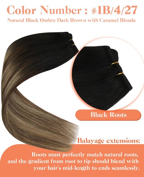Sunny Hair Beaded Weft Hair Extensions Human Hair Ombre Micro Weft Real Hair Extensions Black Roots to Dark Brown Balayage Blonde Beaded Wefts Human Hair Extensions Short Straight Hair 14inch 50g