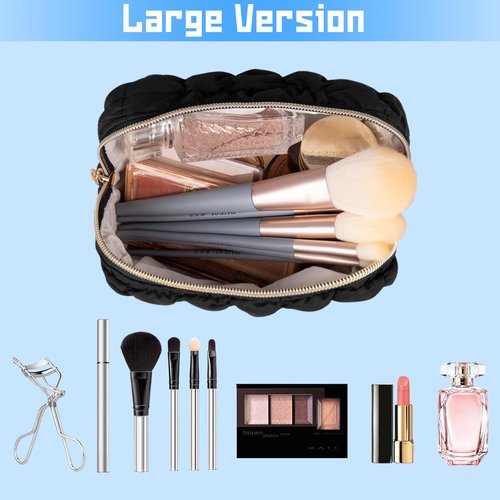 Initial Checkered Makeup Bag, Large Quilted Cosmetic Bag, Cute Make up Pouch for Purse, Travel Toiletry Storage Bag for Women Preppy Teen Girls Gift Trendy Stuff Gift (Black A)