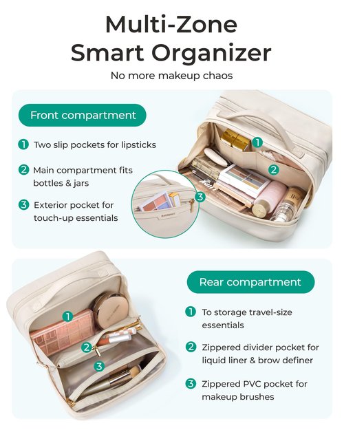 BAGSMART Travel Makeup Bag, Make Up Bag with Multiple Compartments for Organizer, Durable & Compact Cosmetic Organizer for Women for Travel Accessories (Beige)